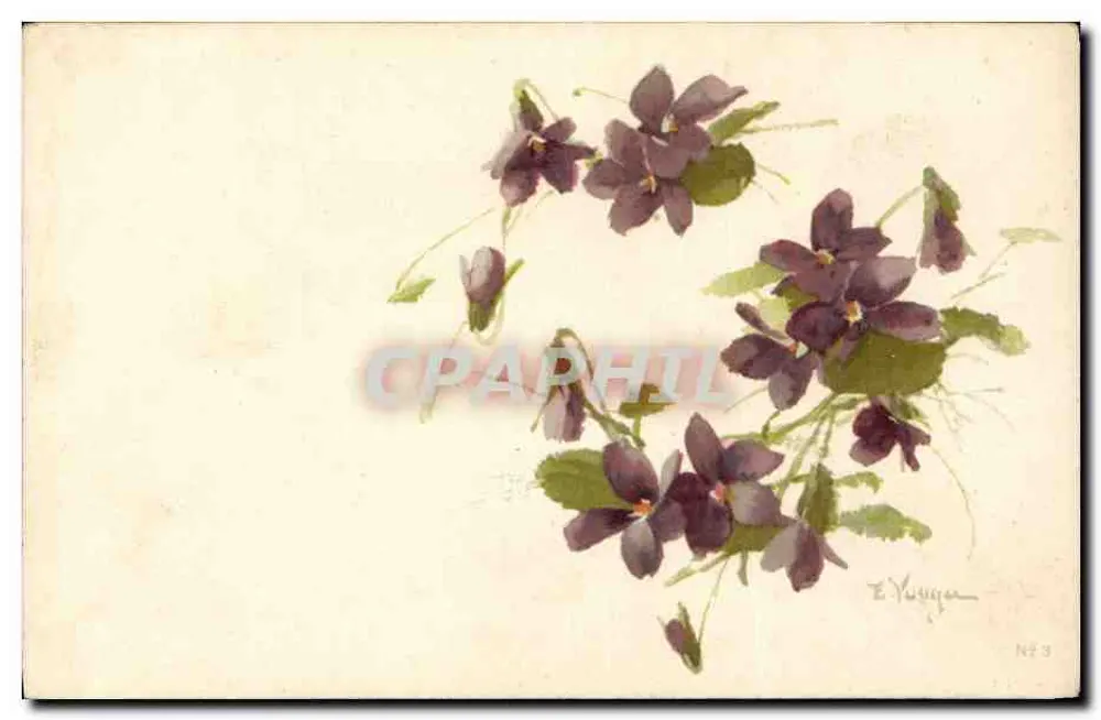 Violetas — ilustração aquarelada — E. Yvougn, N° 3 - Frente