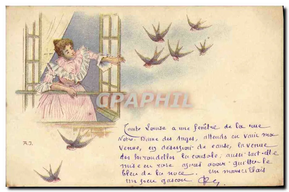 Donna alla finestra — uccelli in volo — A.J. — editore non visibile - Recto