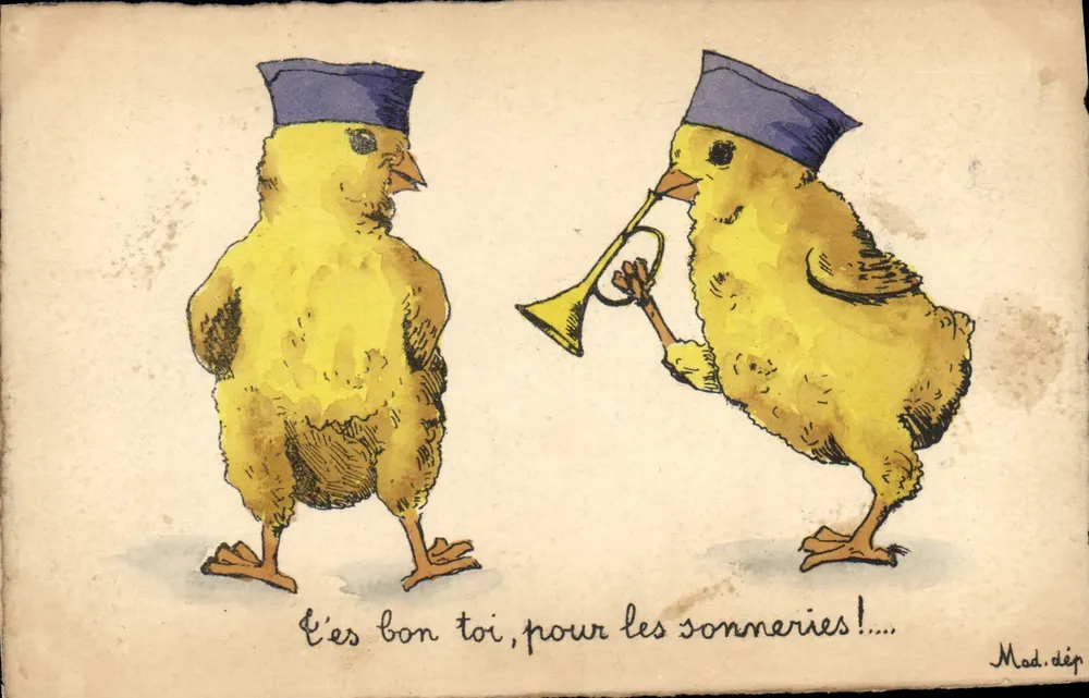 Dois pintinhos em uniforme — caricatura humorística — Mod. dép. - Frente