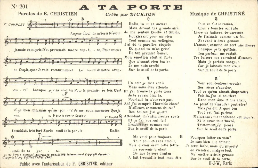 Canción 'A TA PORTE' — letras de E. CHRISTIEN, música de CHRISTINÉ — editor P. CHRISTINÉ, n.º 201 - Anverso