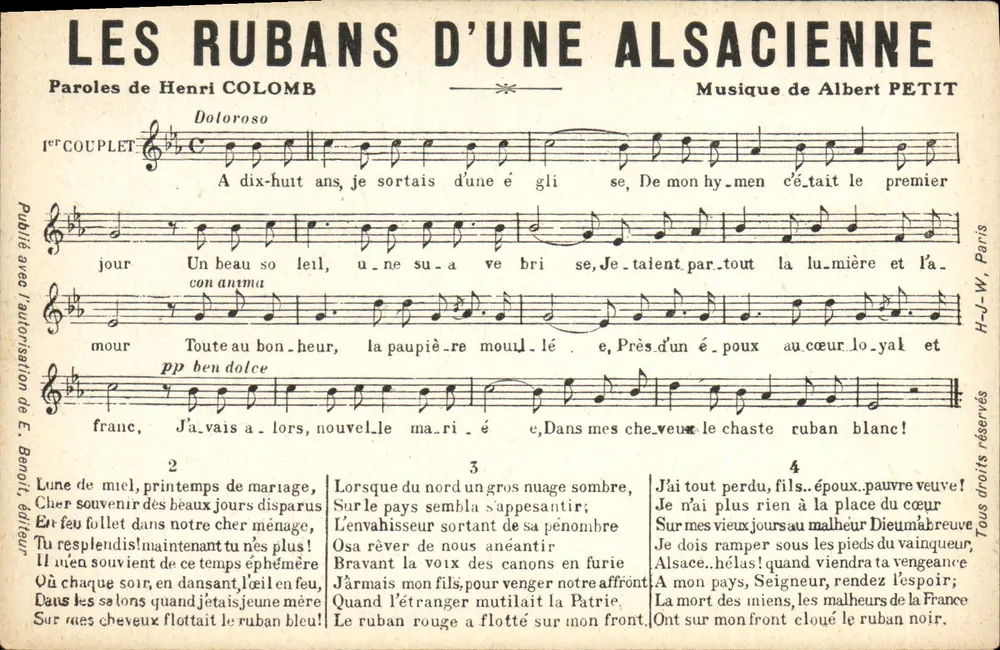 Os laços de uma alsaciana — canção — E. Benoît, editor - Frente
