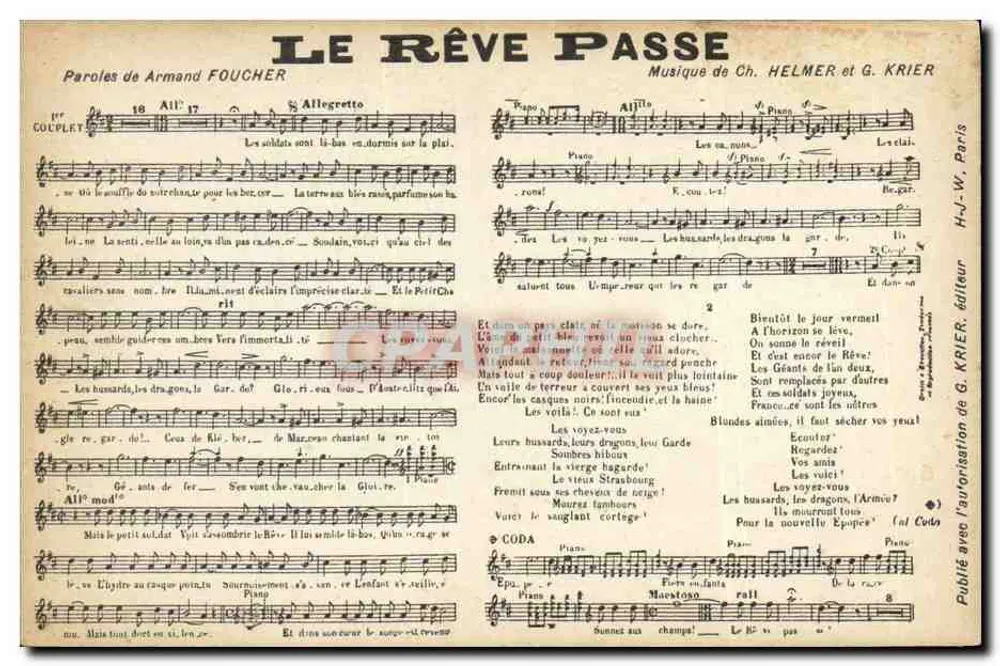 Le Rêve Passe — Text von Armand Foucher, Musik von Ch. Helmer und G. Krier — Verlag G. Krier, Paris - Vorderseite