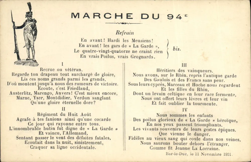 Marcha do 94º — Refrão e estrofes — Bar-le-Duc, Imp. Cognat-Laguette - Frente