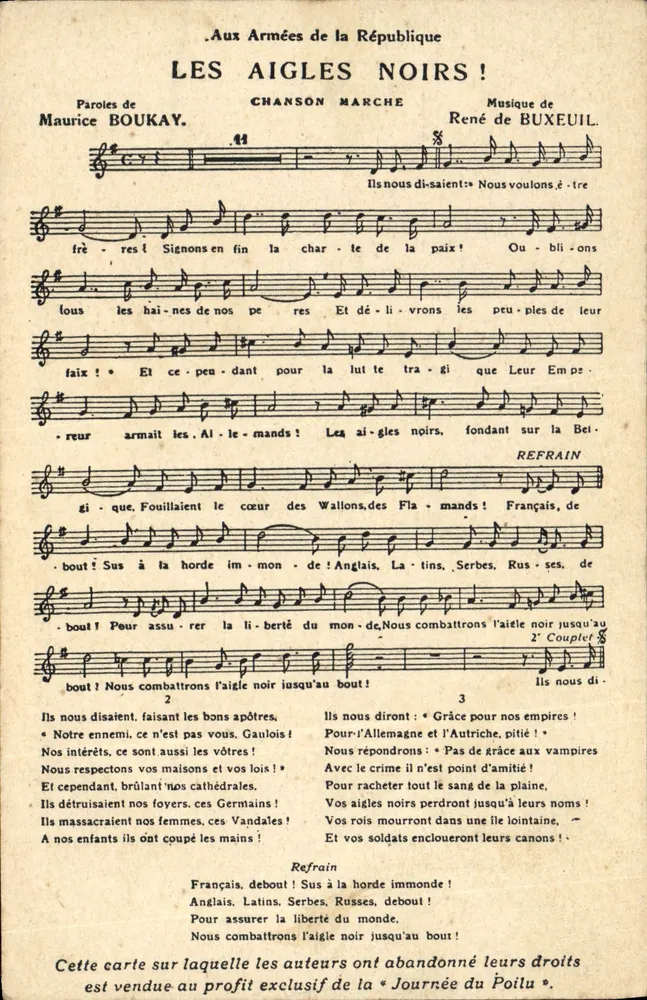 Chanson Marche 'Les Aigles Noirs' — paroles de Maurice Boukay, musique de René de Buxeuil — Journées du Poilu - Recto