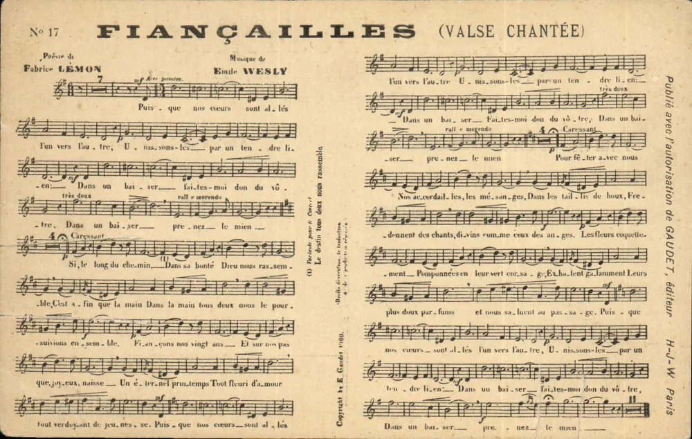 Verlobung (gesangliche Walze) — Gedicht von Fabrice LEMON, Musik von Emile WESLY — Verlag GAUET, Paris, n° 17 - Vorderseite