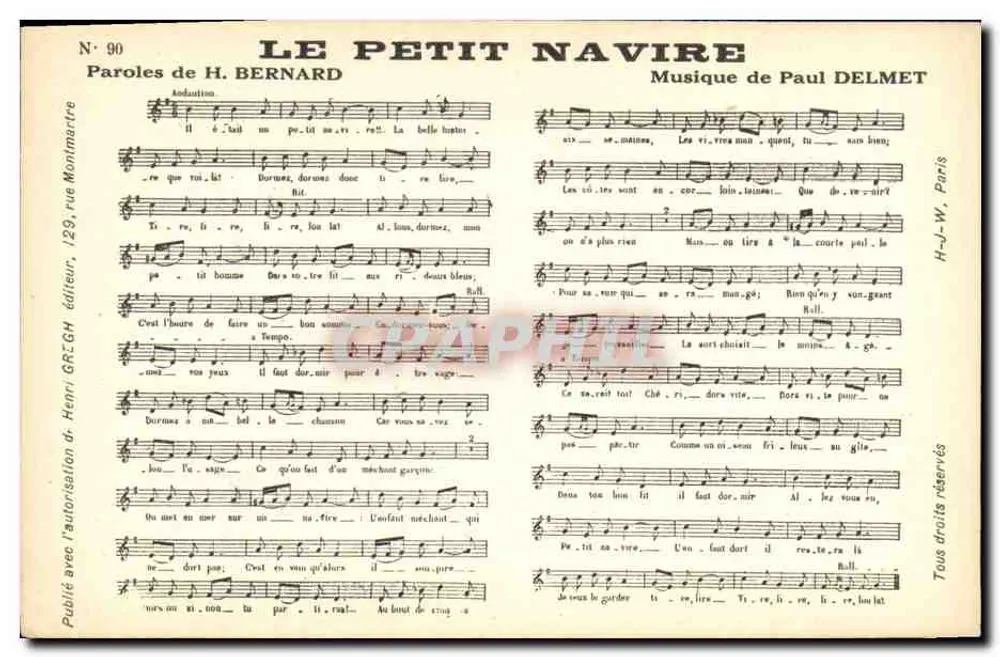 O Pequeno Navio — Letras de H. Bernard, Música de Paul Delmet — Henri GREGH editor, N° 90 - Frente