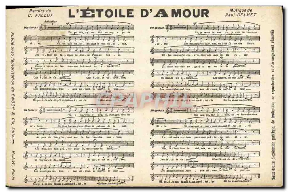A ESTRELA DO AMOR — Letras de C. FALLÔT, Música de Paul DELMET — Publicado com a autorização de Enoch & Cie, editores, H.-L-W., Paris - Frente