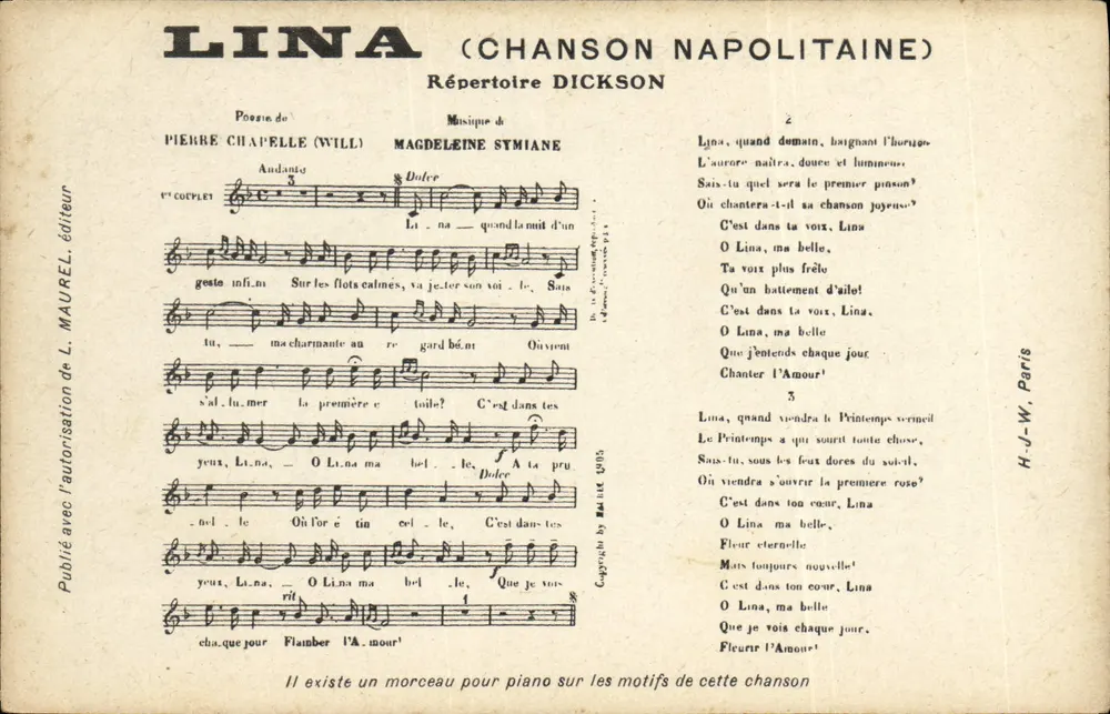 Lina (Canzone napoletana) — Répertoire Dickson — L. Maurel, editore - Recto