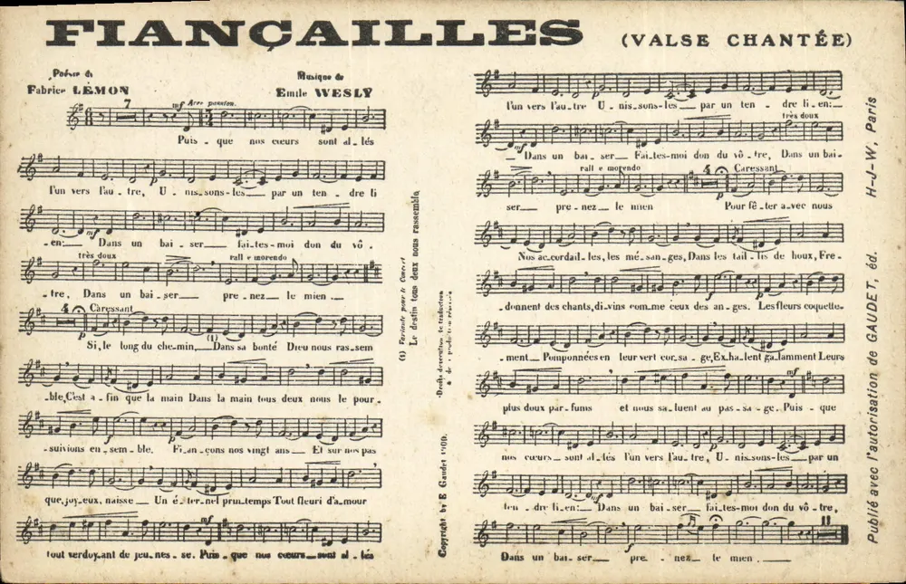 Verlobung (Gesangwalzer) — Gedicht von Fabrice LEMON, Musik von Émile WESLY — Verleger H.-J.-W. GAUDET, Paris - Vorderseite