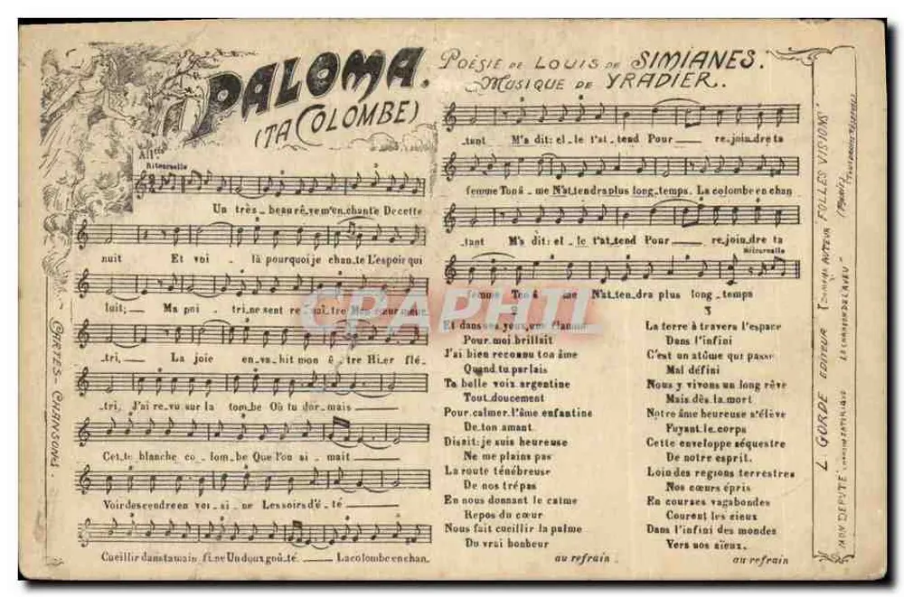 Paloma (La Colombe) — Wiersz Louisa de Simianes, Muzyka Yradiera — Wydawca L. Gourde, Paryż - Awers