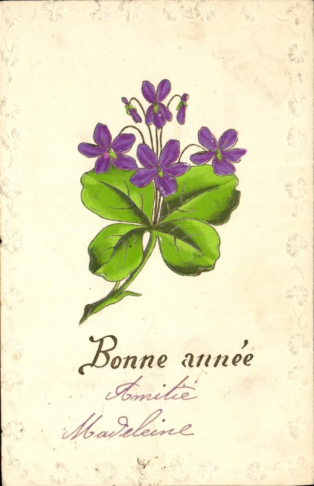Violetas e trevo — Bom ano, Amizade, Madeleine — Carta postal universal - Frente