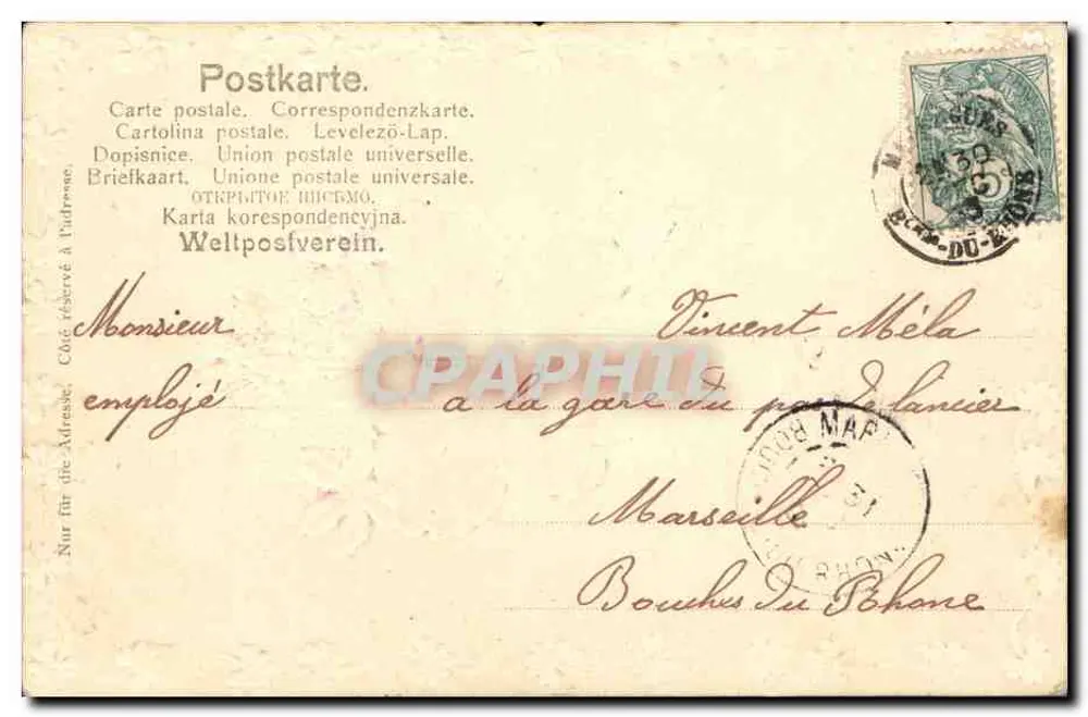 Violetas e trevo — Bom ano, Amizade, Madeleine — Carta postal universal - Verso
