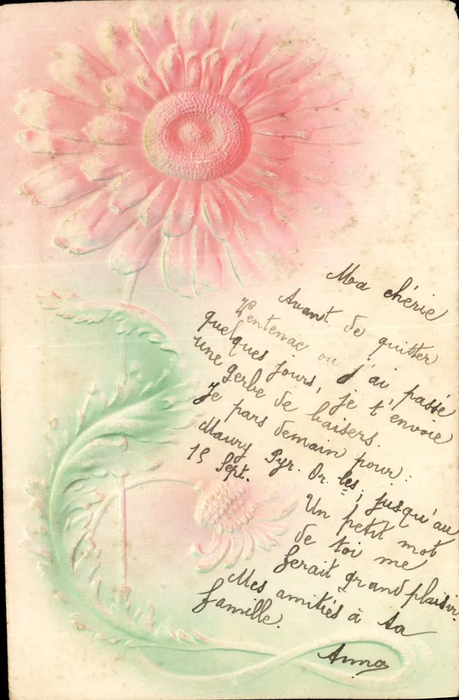 Flor rosa — carta postal ornada — editor anônimo - Frente