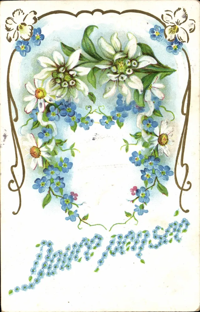 Flores alpinas — cartão postal decorado com flores brancas e azuis — editor desconhecido, número de série não visível - Frente