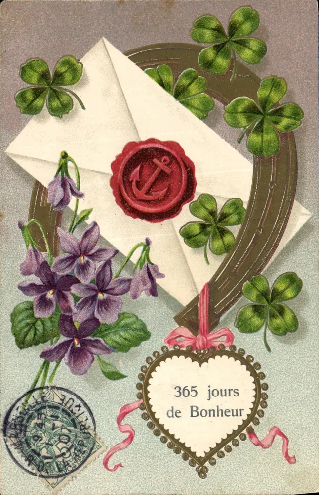 365 dias de Felicidade — carta postal ilustrada com trevos, violetas e carimbo de fixação — S.A.B. Paris - Frente