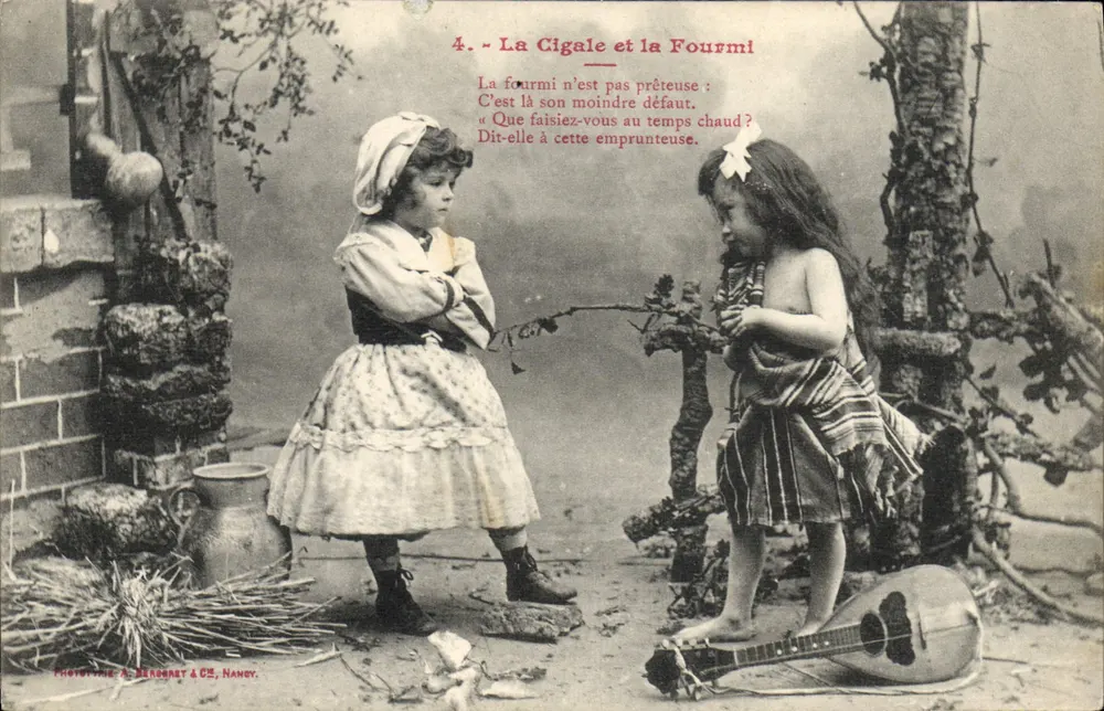 Die Heuschrecke und die Ameise — Fabel von La Fontaine — Fotograf A. Berchard & Cie, Nancy, n°4 - Vorderseite