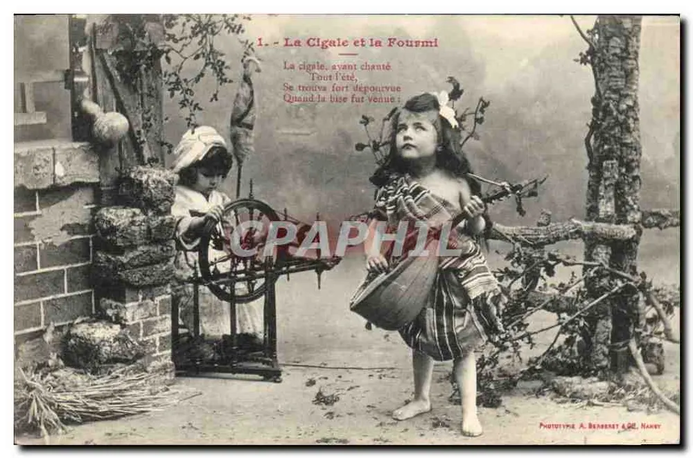 Die Heuschrecke und die Ameise — Straßenszene mit Spinnerei — Phototype A. Berberet & Cie, Nancy - Vorderseite