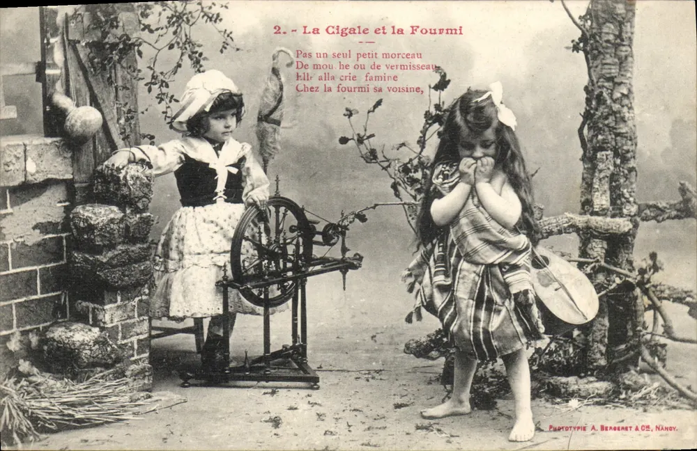 Die Heuschrecke und die Ameise — Illustrierte Fabel — Phototypie A. Bergeret & Cie, Nandy - Vorderseite