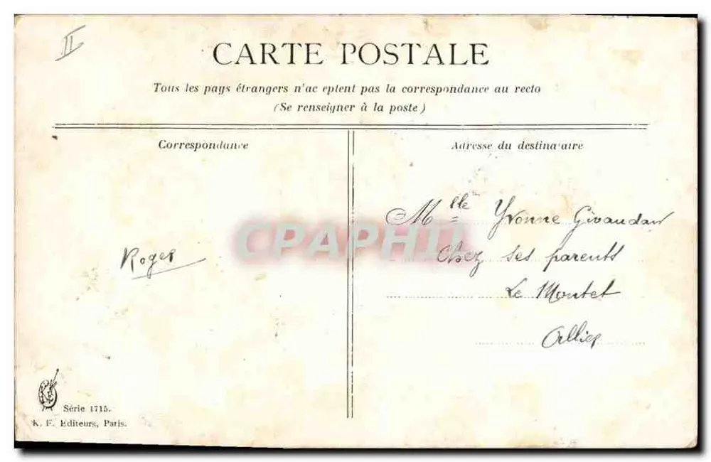 Buquê de flores — em um vaso verde — K. F. Editeurs, Paris, Série 1715 - Verso
