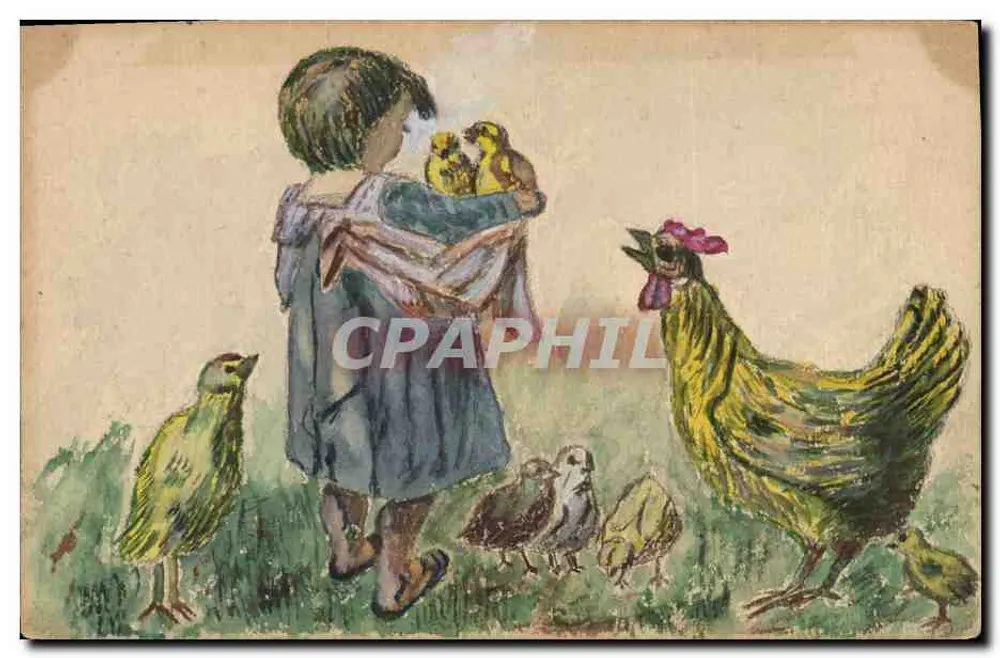 Kind mit Küken und Huhn — Aquarell-Illustration — Verlag nicht sichtbar - Vorderseite