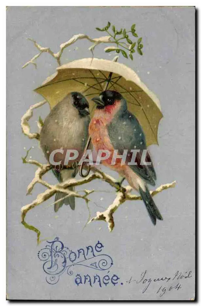 Dois pássaros sob um guarda-chuva — Boa Ano — A. Joyeux, Nyon 1904 - Frente