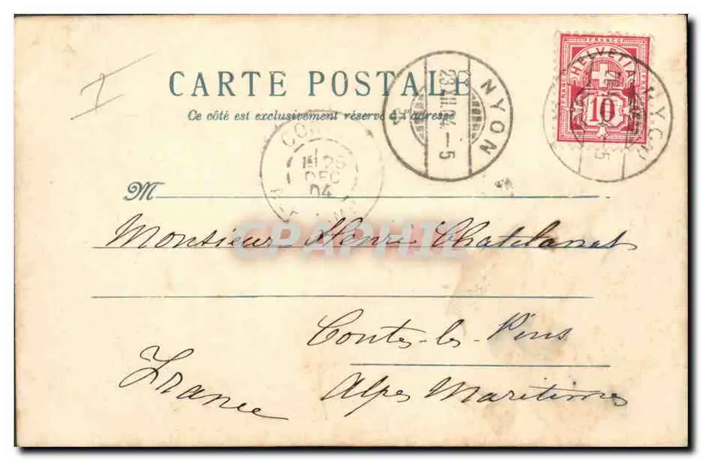 Dois pássaros sob um guarda-chuva — Boa Ano — A. Joyeux, Nyon 1904 - Verso