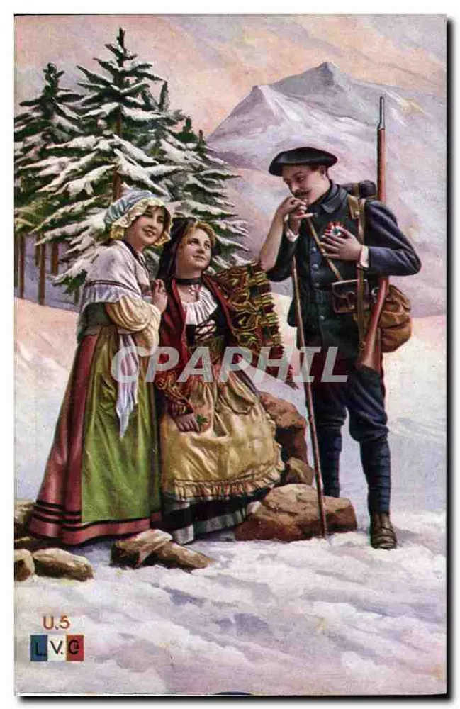 Três personagens em montanha nevada — soldado e duas mulheres em trajes tradicionais — editor L.V.C. n° U.5 - Frente