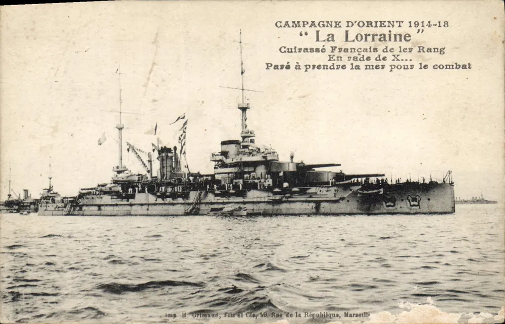 Lorraine — französischer Cuissassé im Hafen von X... — Grimaud, Fils & Cie, 50 Rue de la République, Marseille - Vorderseite