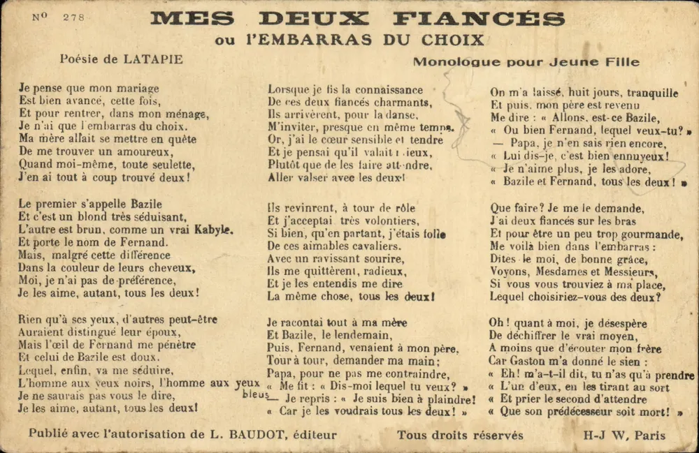 Meine beiden Verlobten oder die Verlegenheit der Wahl — Gedicht von Latapie — Verlag L. Baudot, Paris, n° 278 - Vorderseite