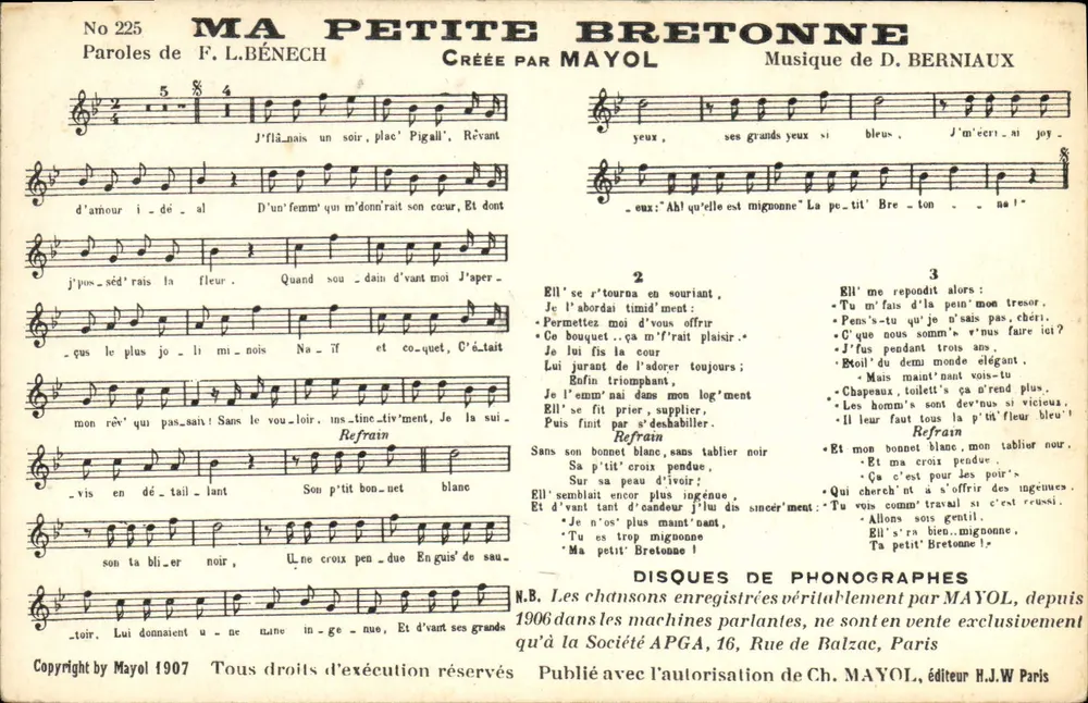 Meine kleine Bretonerin — Lied von Mayol — Verlag H.J.W. Paris, Nr. 225 - Vorderseite