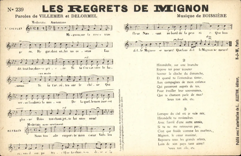 Les Regrets de Mignon — Lied — H.-J.-W. Paris, Verlag, Nr. 239 - Vorderseite