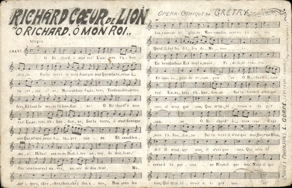 Richard Cœur de Lion — Canzone dell'opéra-comique di Grétry — Editore L. Gorde - Recto