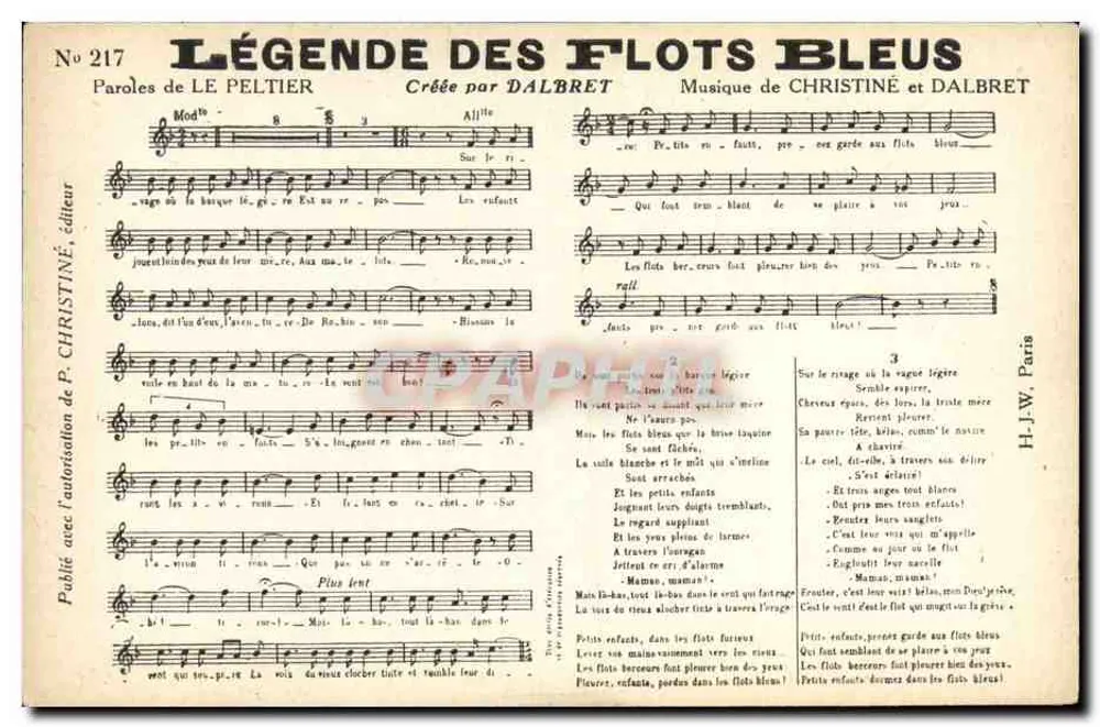 Legende der Blauen Wellen — Text von Le Peltier, Musik von Christine und Dalbret — Verlag P. Christine, Nr. 217 - Vorderseite