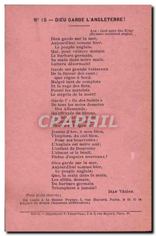 N° 15 — DIEU GARDE L'ANGLETERRE! — Jean Vézère — Impressão P. Feron-Vrau, Paris - Frente