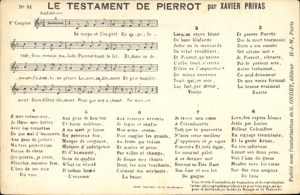 O Testamento de Pierrot — por Xavier Privas — H-J-W, editor - Frente