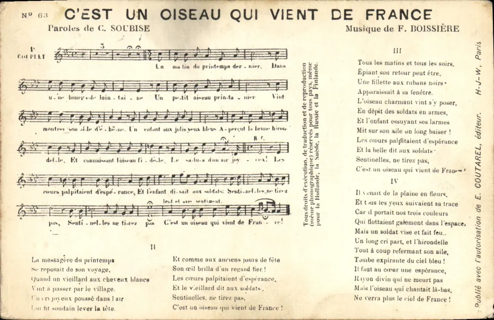 Es ist ein Vogel, der aus Frankreich kommt — Lied — Verlag E. COUTAREL, Paris, Nr. 63 - Vorderseite