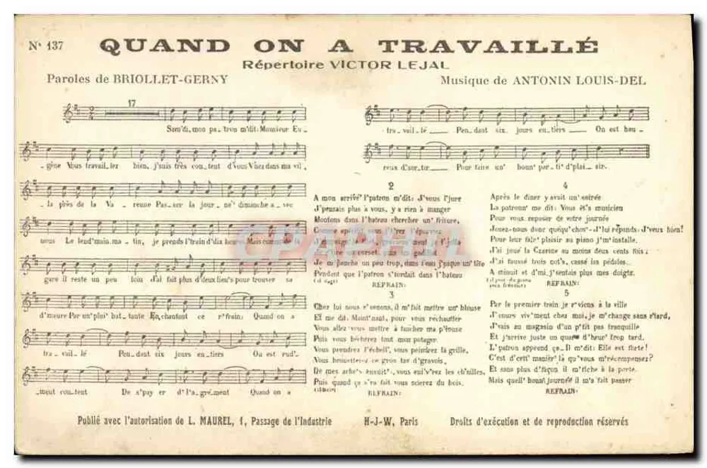 Wenn man gearbeitet hat — Lied — Répertoire Victor Lejal, n° 137 - Vorderseite