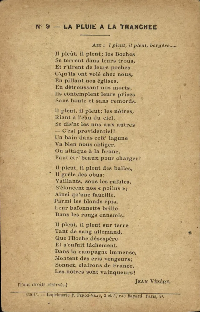A chuva na trincheira — Poema de Jean Vézère — Impressora P. Feron-Vrau, Paris 8e - Frente