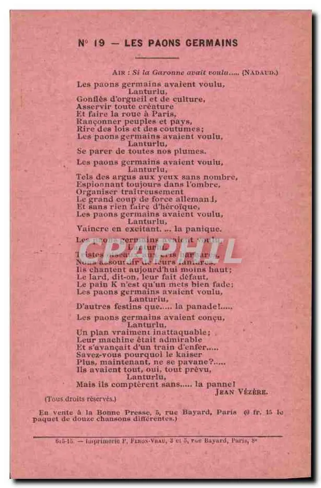 Os Pavões Germânicos — N° 19 — Editor: Imprensa Feron-Vrau, Paris - Frente