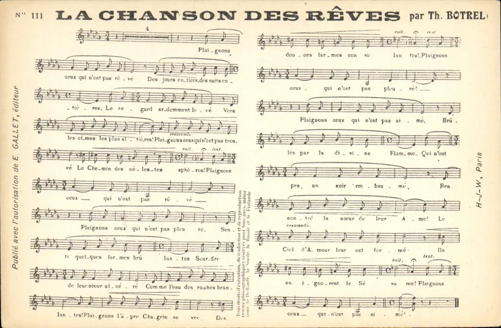 La Chanson des Rêves — por Th. Botrel — editor E. Gallet, N° 111 - Frente
