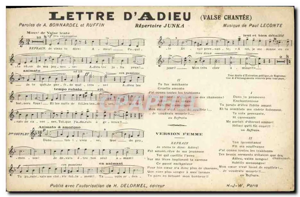 Carta de Adeus (Valsa cantada) — letras de A. Bonnardel e Ruffin, música de Paul Leconte — editor H.-J.-W., Paris - Frente