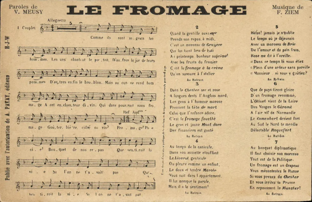 Le Fromage — chanson satirique — éditeur H.-J.-W. et A. PAVAY - Frente