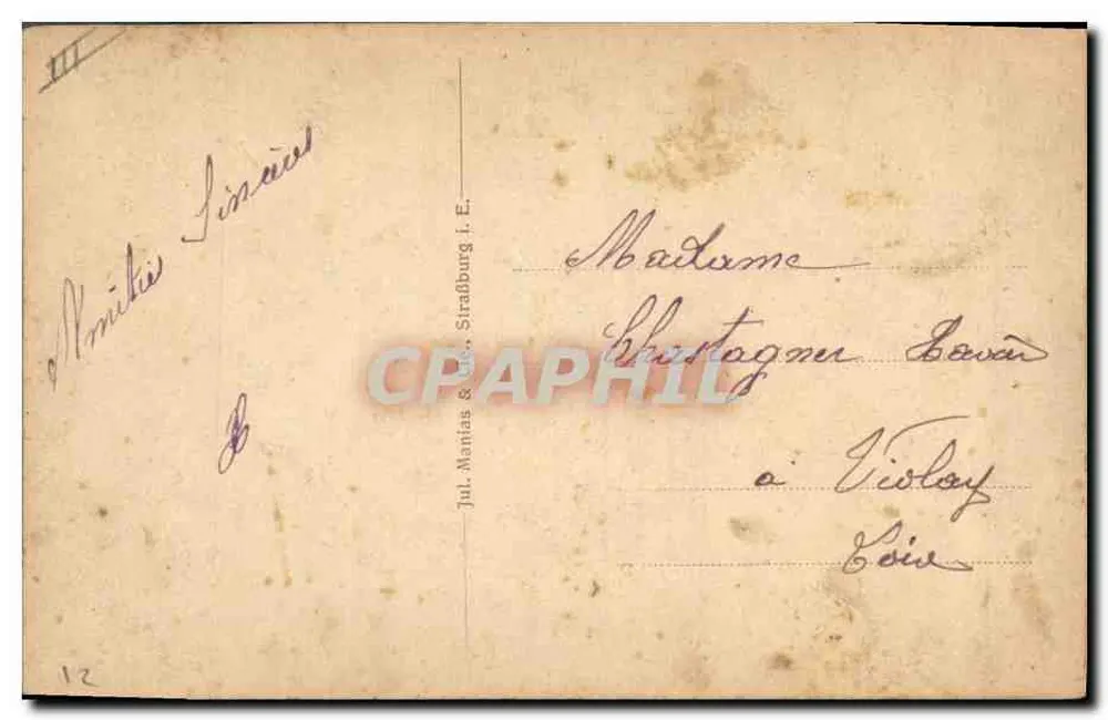 Scène de rue — village alsacien avec femmes en costume traditionnel — éditeur Jul. Manitias & Cie, Strasbourg - Verso