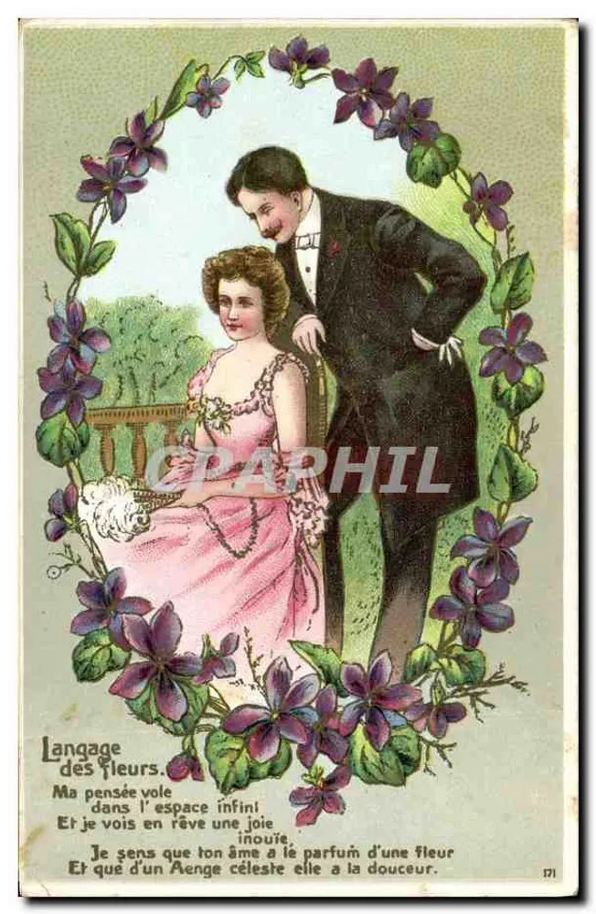 Liebendes Paar in einem Violett-Blumenrahmen — Sprache der Blumen — n°171 - Vorderseite