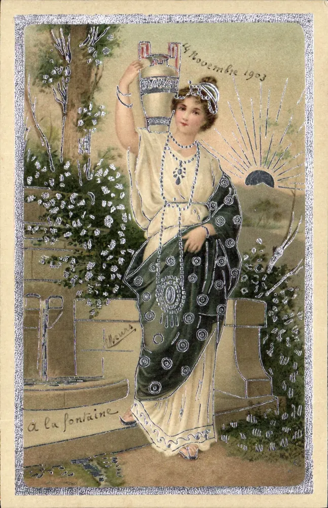Frau am Brunnen — Garten-Szene — Verleger H. Hauns, Seriennummer nicht sichtbar - Vorderseite