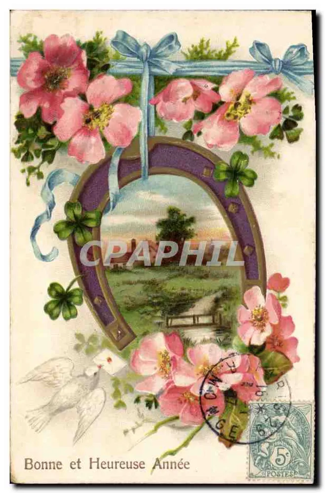 Buen Año y Feliz — decoración de hiedra y flores — editor no visible - Anverso