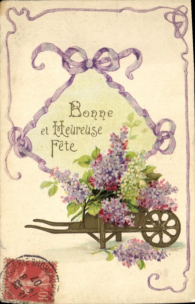 Lilás em um carrinho — Boa e Feliz Festa — K. F. Editores, Paris, Série 1.647 - Frente