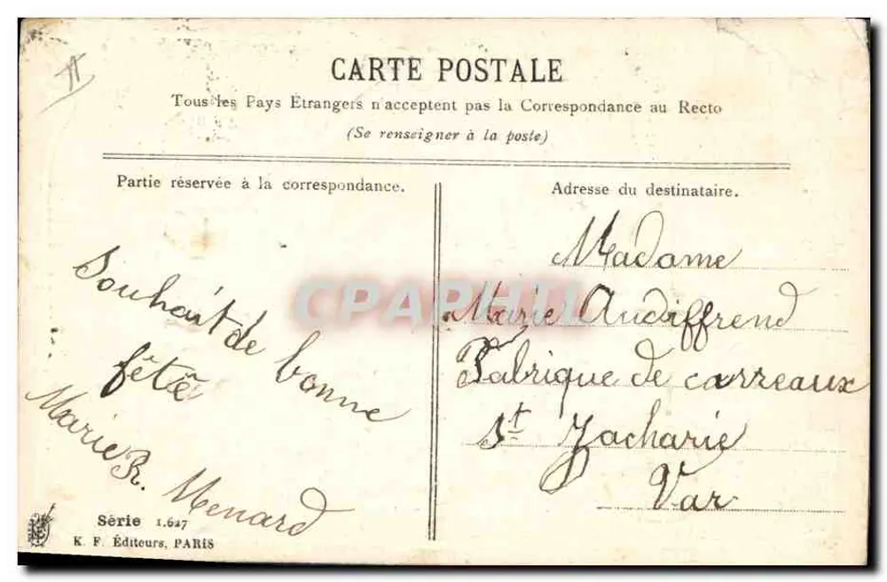 Lilás em um carrinho — Boa e Feliz Festa — K. F. Editores, Paris, Série 1.647 - Verso