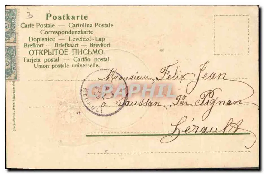 Menina com chapéu — cartão postal decorado — editor Vézzi & Maurel - Verso