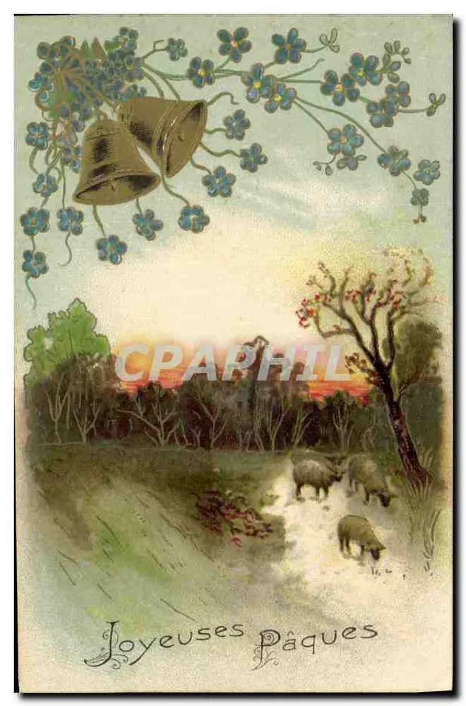 Ostern — ländlicher Landschaft mit Glocken — in Deutschland gedruckt - Vorderseite